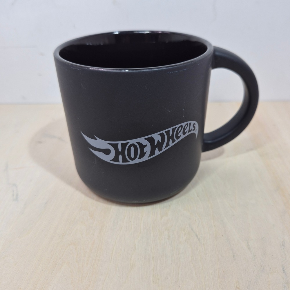 Hot Wheels Coffee Mug Matte Black Silver Flame Logo Ceramic Tea Cup 12oz